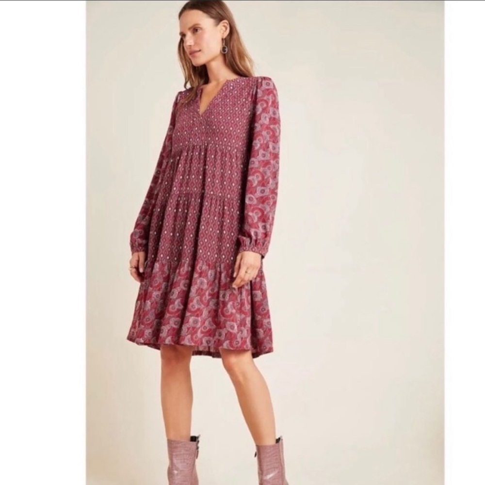 Anthropologie Maeve Red Boho Tiered Knee Length Dress